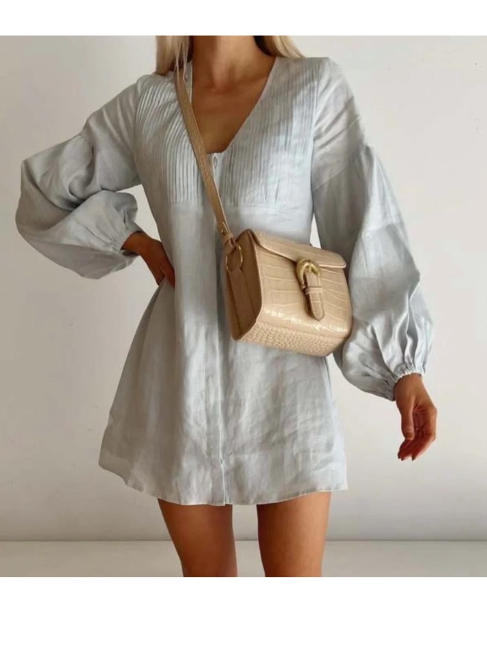 Sancia Tamris Blue V-Neck Balloon Sleeve Dress